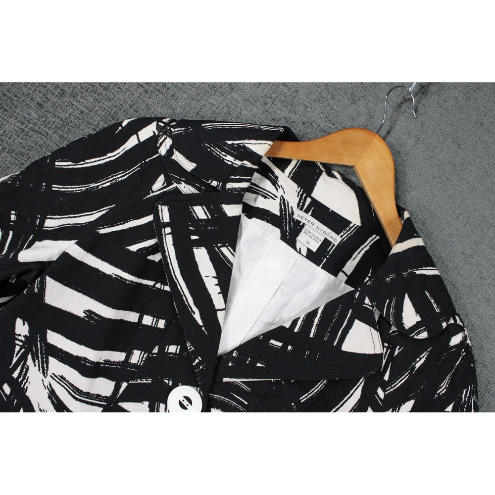 Peter Nygard Womens Black White Abstract Brushstroke Cotton Blend Jacket Size 12